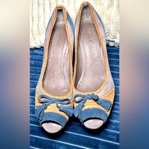 Nicole Avid Vintage Y2K platform peeptoe bow tie navy tan wedge heels suede 7.5